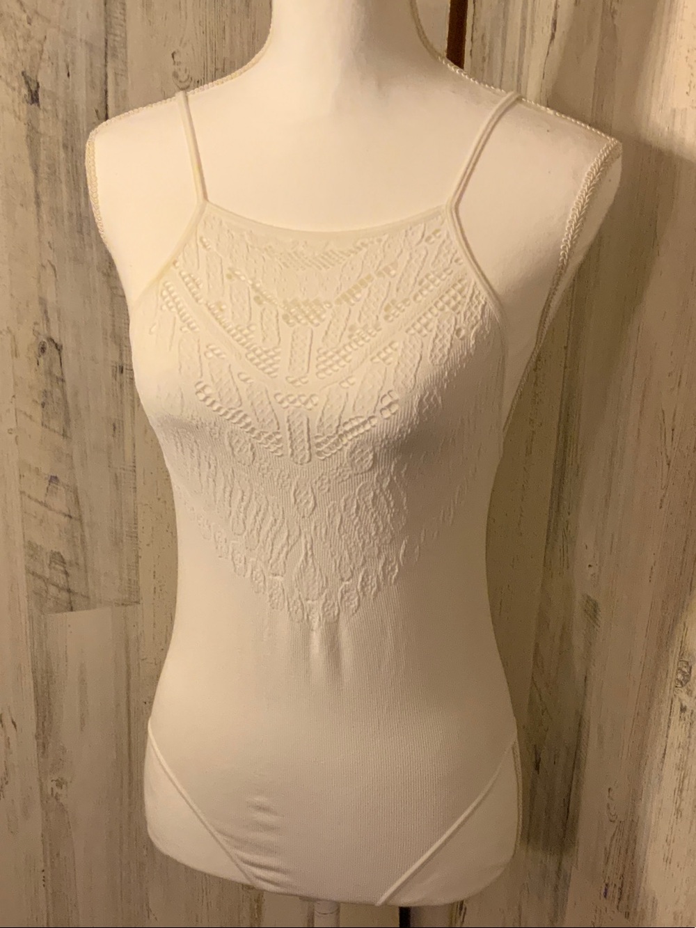 Free People Cream Lace-Front Camisole Bodysuit